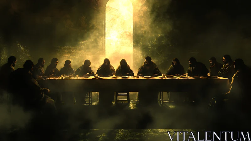 Dramatic low‑key last supper tableau with volumetric backlighting