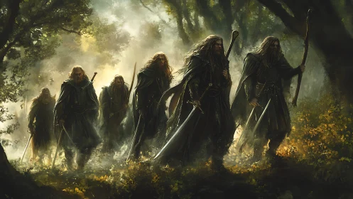 Hooded warriors advancing through a misty forest path.