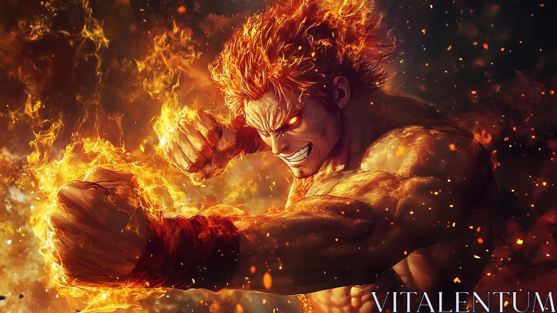 Dynamic anime inferno brawler in explosive flame motion study.