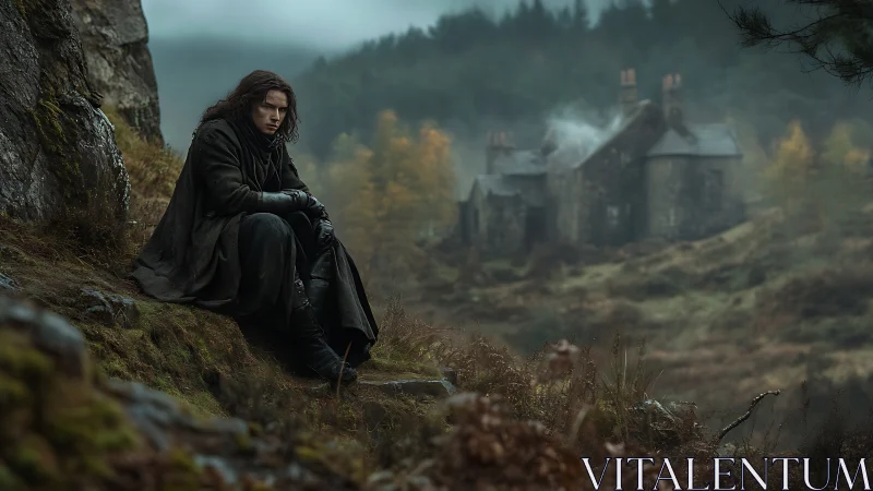 Solitary wanderer resting above a misty moorland manor.