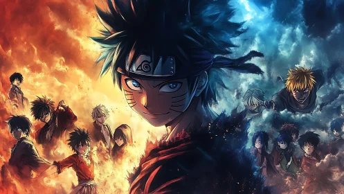 Fiery and icy split anime hero surrounded by rival figures.