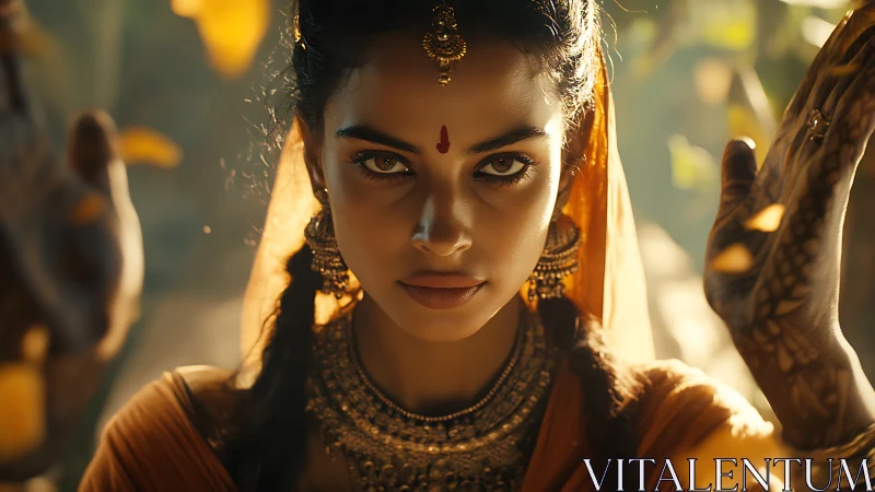 Intense-eyed woman in golden ethnic attire holds poised hands.