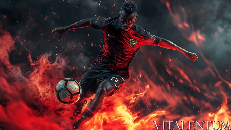 Soccer player in mid-stride surrounded by stylized flames.