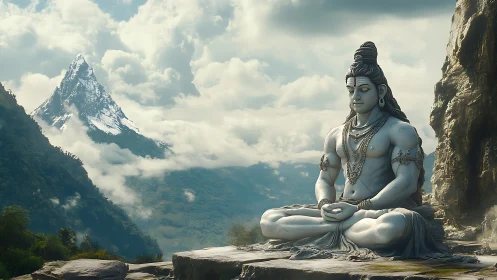 Meditating stone Shiva statue amid misty Himalayan peaks.