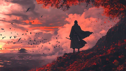 Samurai silhouette on cliff above valley at red sunset sky.