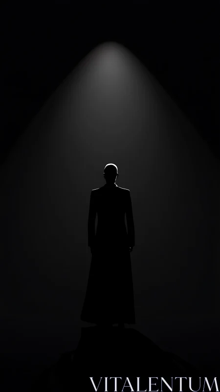 Solitary figure stands beneath stark overhead spotlight.