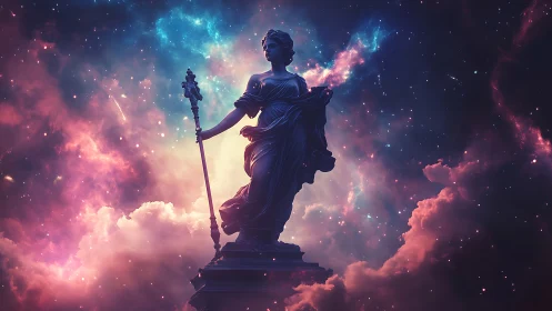 Celestial marble goddess wandering through glowing nebulae.