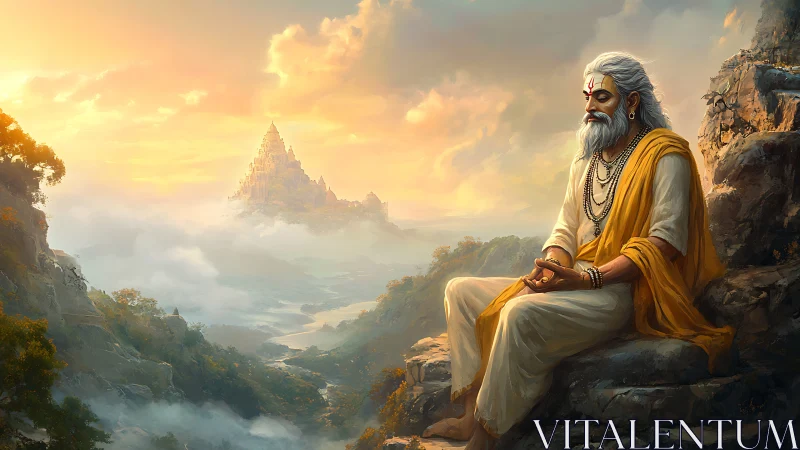 Meditating sage above misty valley and distant golden temple.