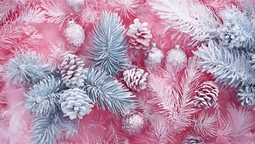Frosted pine branches on pastel pink festive backdrop.