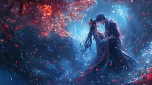 Moonlit Maple Vows Beneath a Storm of Crimson Petals.