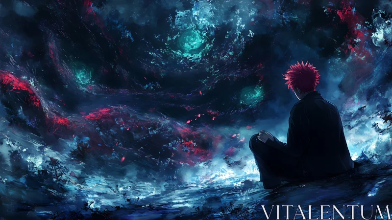 Lone red haired dreamer gazes into a swirling cosmic storm.