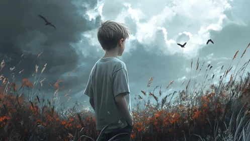 Boy studies stormy sky over autumn field with dynamic lighting