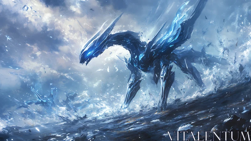 Crystal ice dragon strides across violent frozen wasteland.