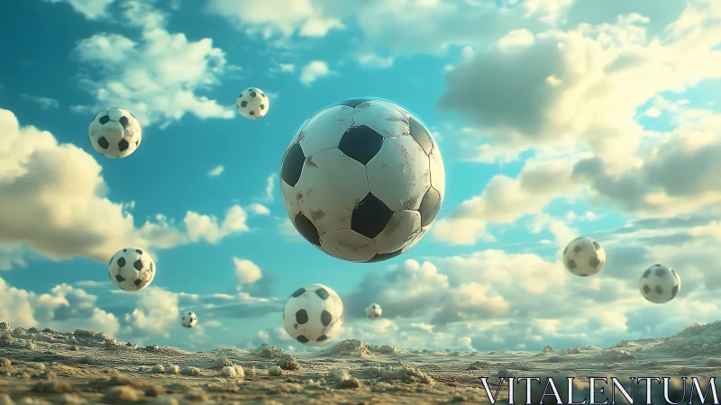 Skyline of drifting footballs over a dream-bright desert field.