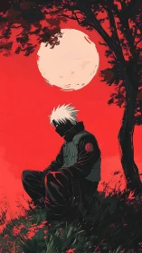 Solitary masked warrior under blood-red moonlight sky.