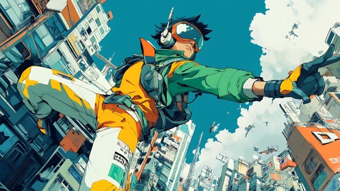 Futuristic street runner soars through tilted cityscape.