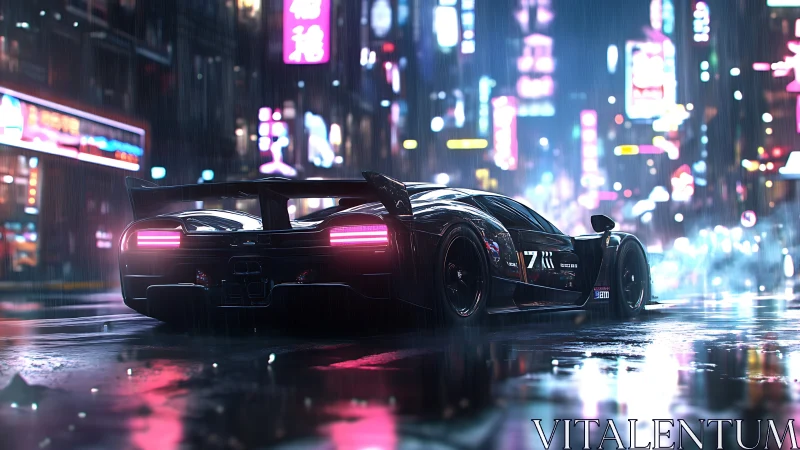 Futuristic black supercar cuts through neon city rain