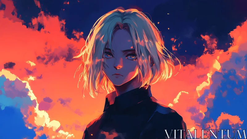 Backlit anime portrait contrasts neon clouds and dark figure