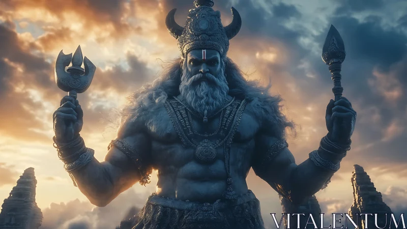 Majestic temple guardian bathed in glowing sunset light.