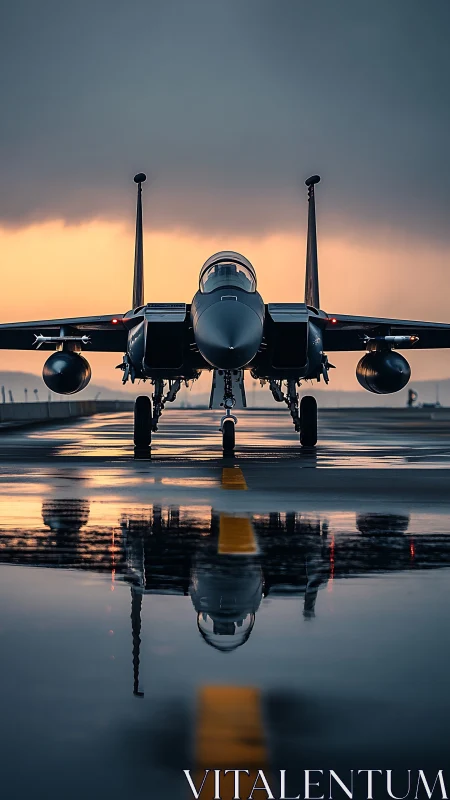 Front view military jet on wet runway at overcast sunset.