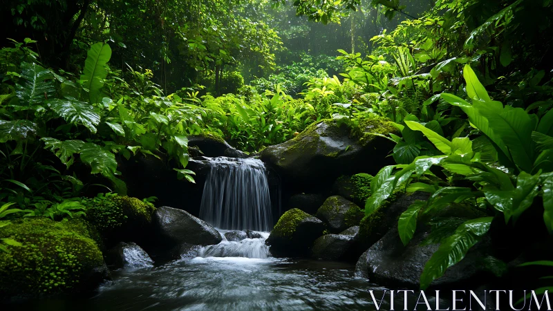 Serene jungle waterfall cascades through lush green foliage