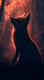 Fox silhouette glows in ember lit twilight forest scene.