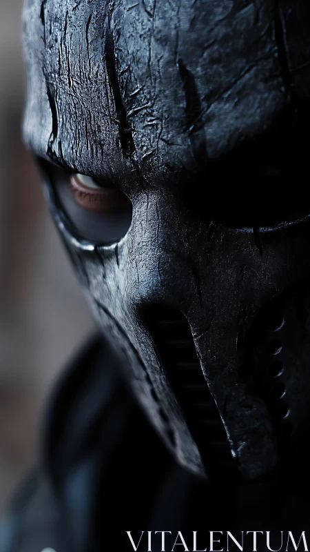 Close view of textured black skull-like tactical mask.