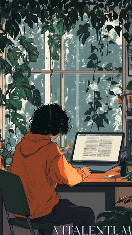Student works on laptop beneath dense indoor hanging plants