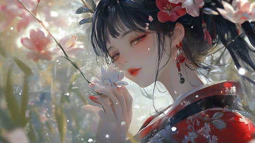 Softly backlit geisha portrait with floral bokeh and layered brushwork