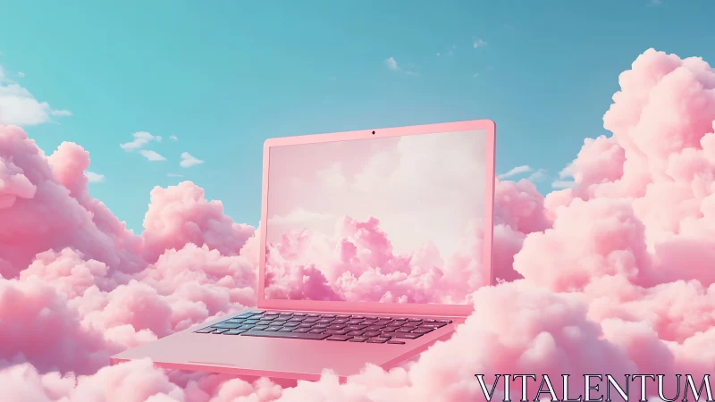 Pastel pink laptop floating in stylized cotton candy clouds.