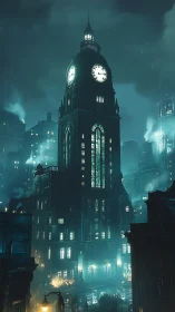 Noir clocktower dominates rain soaked retro cityscape.