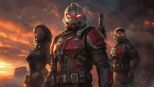 Armored futuristic squad in red-black gear at dusk.