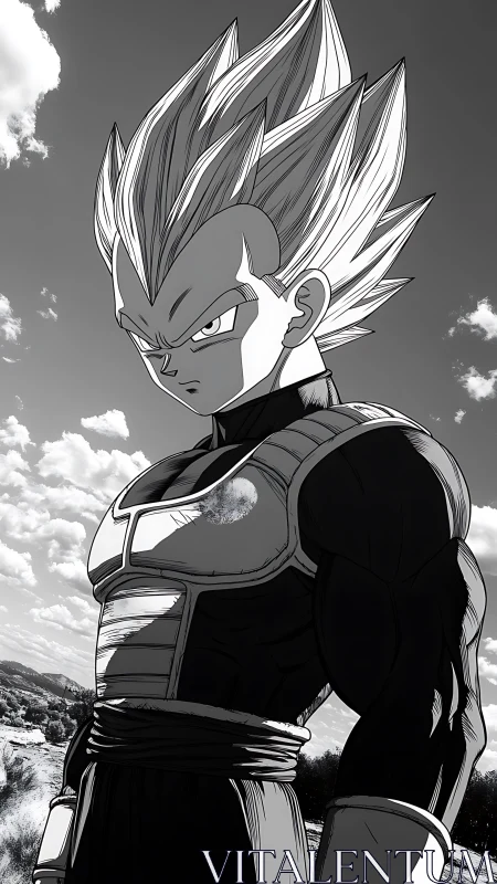 Brooding anime warrior under stark high-contrast sky.