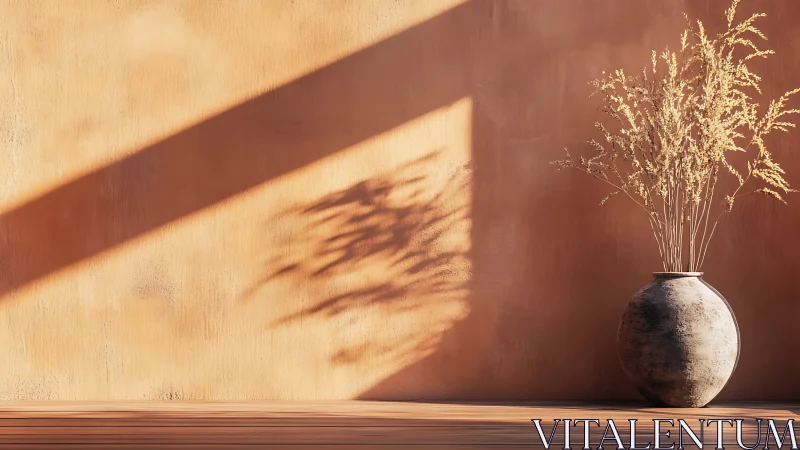 Textured terracotta wall with ceramic vase and dried grass