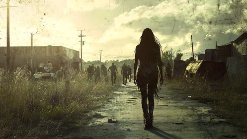 Silhouetted figures in ruined rural street at dusk landscape.