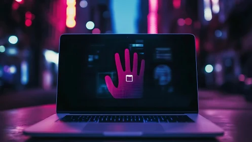 Neon city laptop with glowing digital handprint warning.