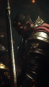 Brooding gold armored knight with greatsword in ember glow.