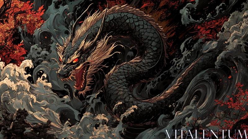 Storm-tossed oriental dragon coils through crimson foliage