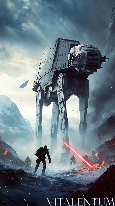 Colossal walker strides through icy battlefield inferno.