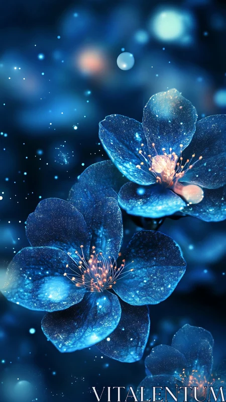 Bioluminescent flowers glowing with particles in deep blue space