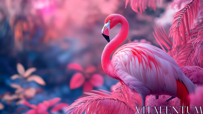 Pink flamingo in stylized tropical jungle environment.