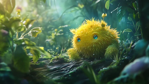 Yellow furry creature rests on damp forest floor in light