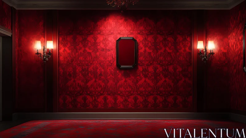 Symmetrical red corridor with ornate sconces and empty central frame