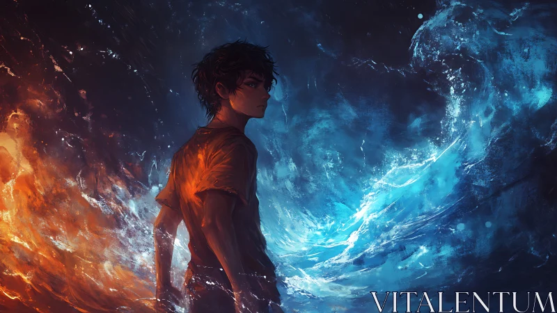 Elemental youth between roaring fire and surging water.