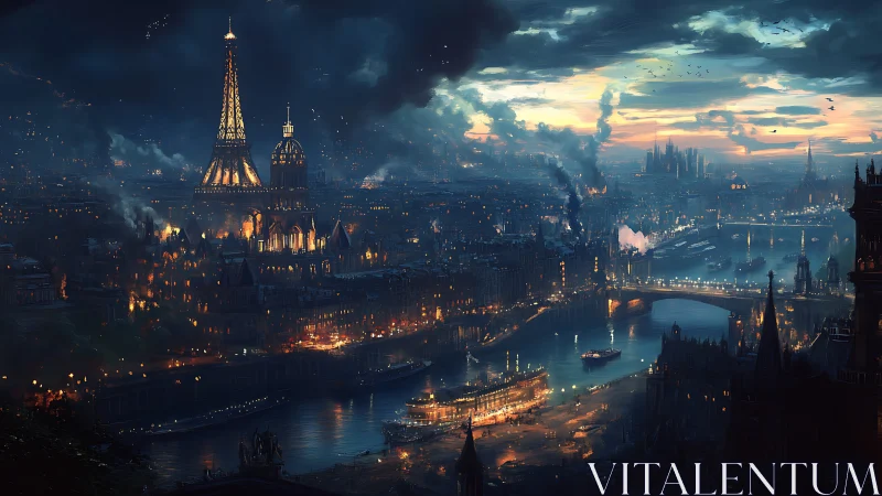 Midnight river city aglow with smoky steampunk lights.