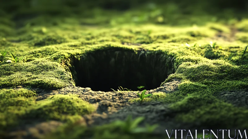 Square moss-covered forest ground opening shows deep cavity