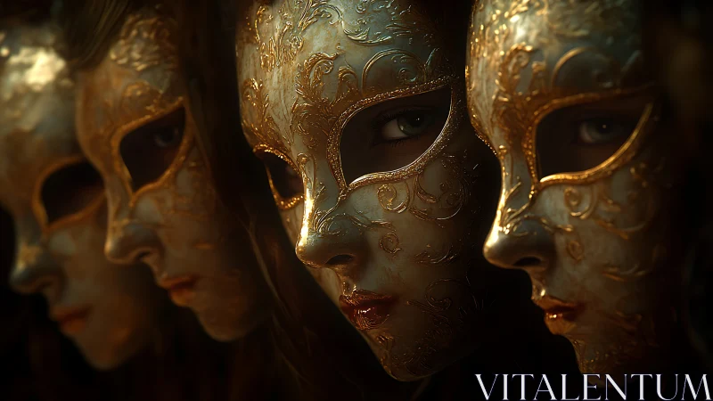 Gilded masks trade whispered glances in a velvet-dark corridor