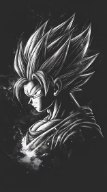 Intense anime warrior portrait in monochrome ink style.