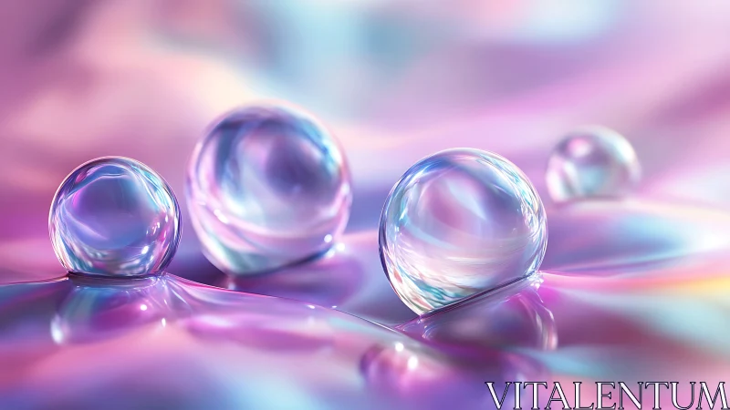 Iridescent glass spheres on pastel fluid surface.