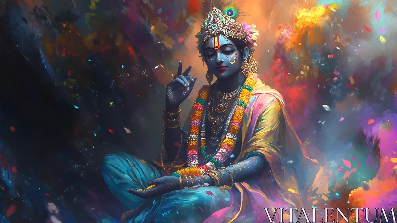 Blue-skinned deity figure in floral garlands, vivid aura.